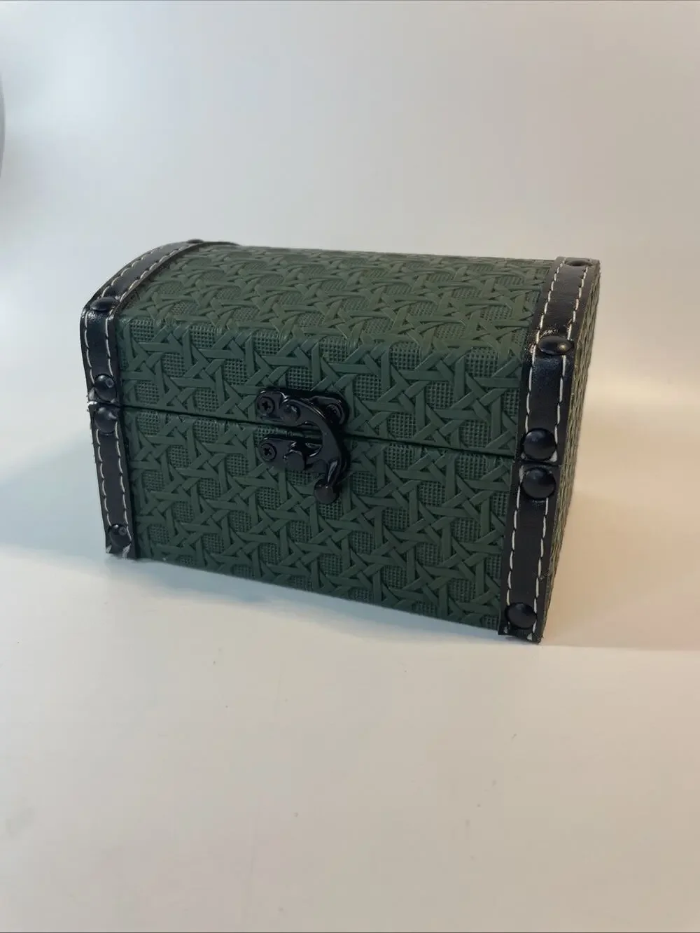 Green Wooden Jewelry Box Leather Handmade Metal Hardware Chest Trinket Trunk